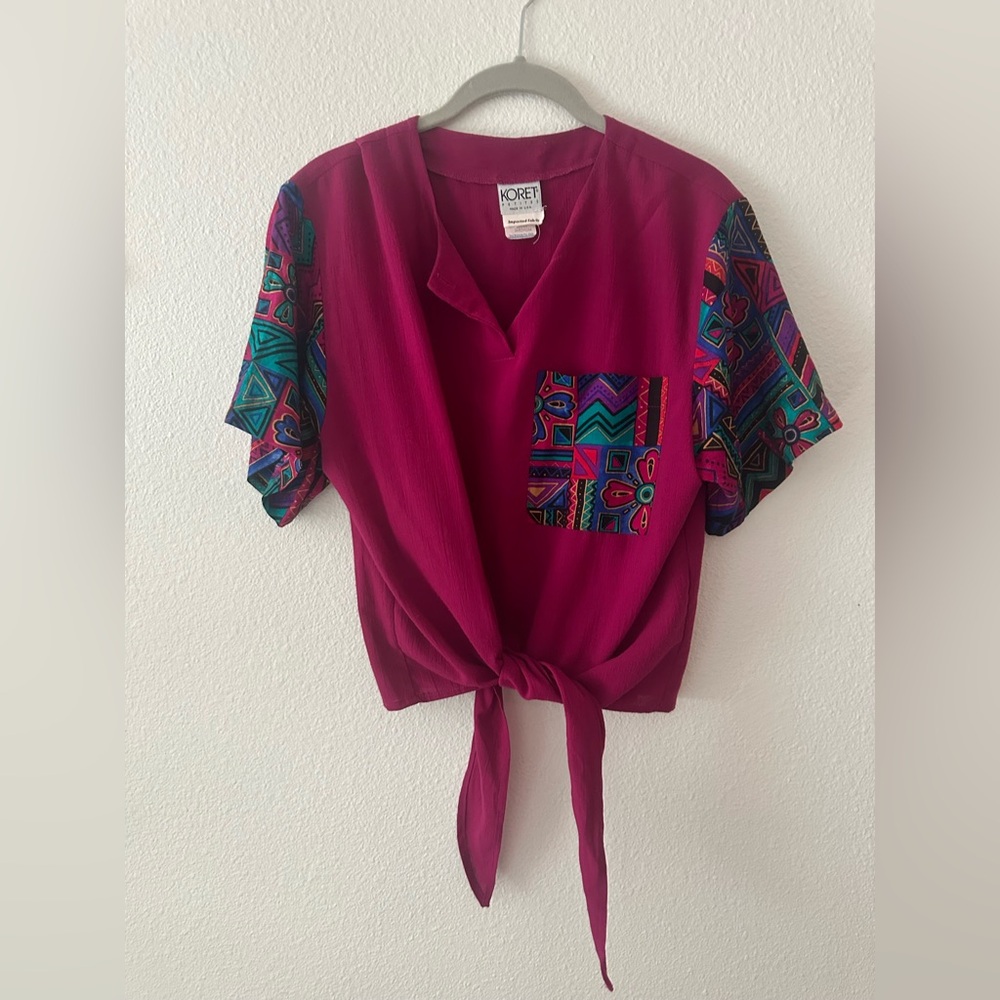 Vintage Koret Magenta Tie-Front Top with Patterned Accent Sleeves